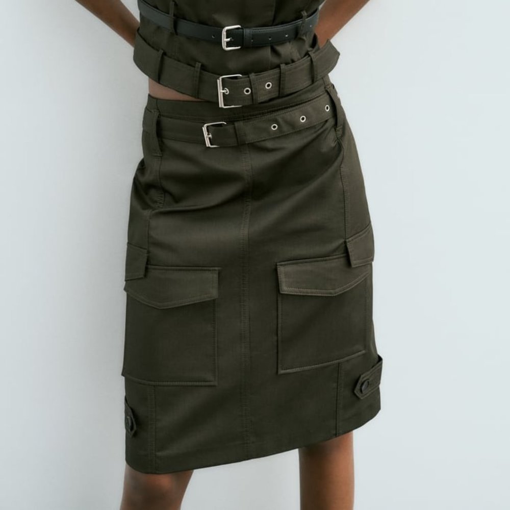 NWT KHAKI MIDI POCKET SKIRT